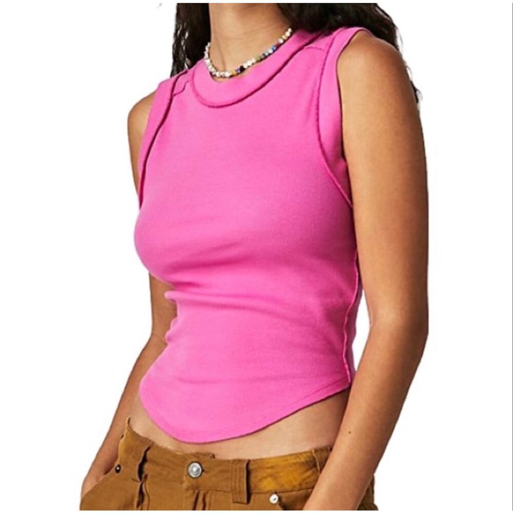 Free People We The Free Kate Ribbed Tank bubble Pink  Stretch Top M NEW